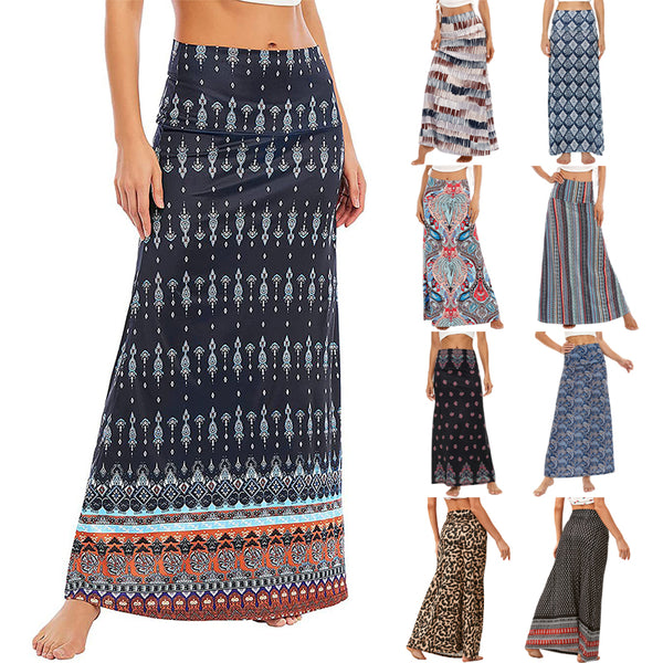 Women Boho Beach Skirt Elastic Waist Long Maxi Skirt Summer Casual Loose Skirts