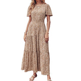 Lumento Women Summer Floral Print Dress Casual Boho Short Sleeve Ruffle Tiered Dress Swing Maxi Dress