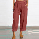 Women Cotton Linen Capri Mid Waist Palazzo Cropped Pants with Pockets Summer Solid Color Casual Loose Trousers