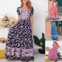 Lumento Women Floral Print Dress Summer V Neck Boho Dress Short Sleeve Long Maxi Dress