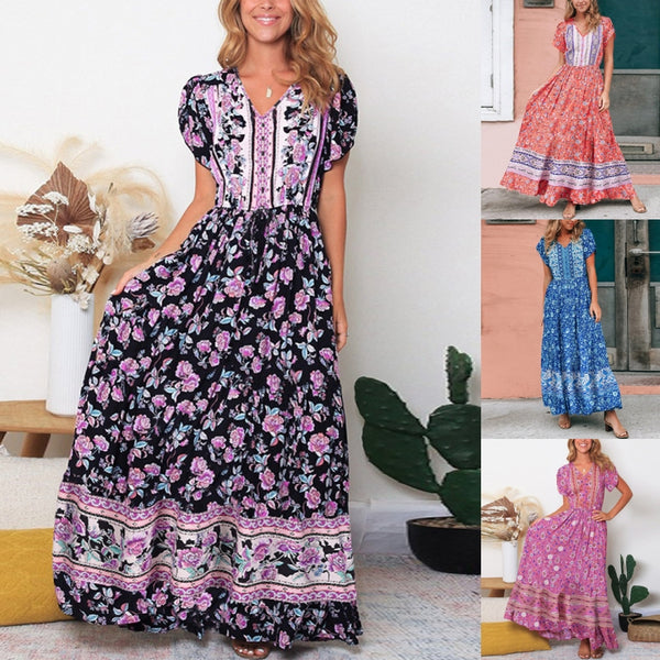 Lumento Women Floral Print Dress Summer V Neck Boho Dress Short Sleeve Long Maxi Dress