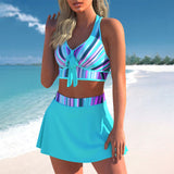 Women Sexy Swimwear V Neck Sleeveless Skirt Set Bow Tie Casual Bathing Suit High Waist Backless Swimdress Ruffle Hem Holiday Summer