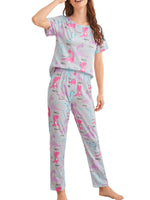 Womens Sleepwear Pant Set Cute Print Juniors Girl Short Sleeve Loungewear Pajamas Casual Loose 2 Piece Summer Outfits