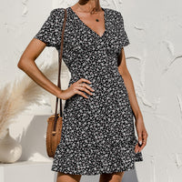 Women's Ruffle Sleeve Dresses Summer Sexy V Neck Floral Print Boho Beach Dress