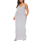 Women Solid Plus Size Sleeveless Maxi Dress V Neck Summer Spaghetti Straps Dress Double Side Pocket