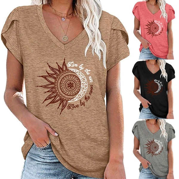 Womens Casual Summer Blouses Petal Cap Sleeve V Neck Shirt