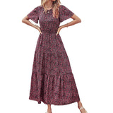 Lumento Women Summer Floral Print Dress Casual Boho Short Sleeve Ruffle Tiered Dress Swing Maxi Dress