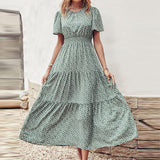 Lumento Women Summer Floral Print Dress Casual Boho Short Sleeve Ruffle Tiered Dress Swing Maxi Dress