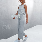 Womens Casual Solid Color Sleeveless Jumpsuit Long Pants