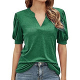Women's V Neck T-shirts Short Lantern Sleeve Tops Sweet Tee Solid Color Blouse