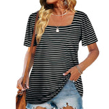 Women Loose Solid Color Ruched Tunic Short Sleeve Stripe T Shirts