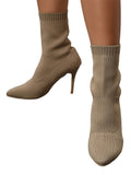 Womens Knitted Stretch Cloth Slip On Ankle Boots Pointed Toe Fashionable Kitten High Heels Boots
