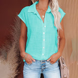 Women Solid Short Sleeve Shirt Lapel Blouse Baggy Loose Tunic Casual Tops Button-Down Cardigan