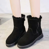 Lady Solid Color Ankle Boots Flat Shoes Warm Booties Side Zip Round Toe High Top
