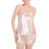 Women's Pajamas Set Solid Color Slings Sleeveless Tops+Shorts Outfits Set Sleep