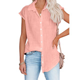 Women Solid Short Sleeve Shirt Lapel Blouse Baggy Loose Tunic Casual Tops Button-Down Cardigan