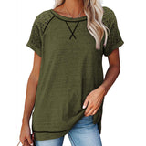 Women Solid Hollow Crew Neck Tops Short Sleeve T-Shirt Casual Pullover Loose Blouse Summer Tee Shirt Side Slit