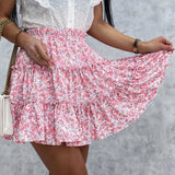 Women Pleated Skirts Casual High Waist Mini Skirt Printed Summer Swing Skirt