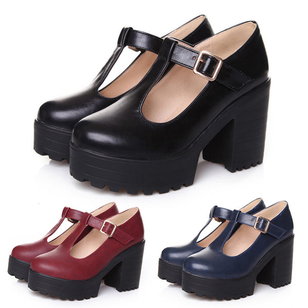 Women's Mary Jane School Shoes Height Increasing Block Heels Ankle Strap Loafers