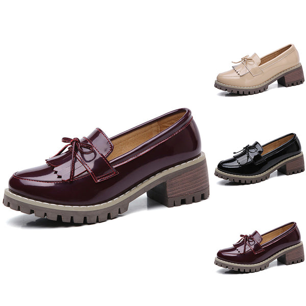 Women Tassels Patent Leather Slip On Loafers Pumps Chunky Platform Casual Shoes