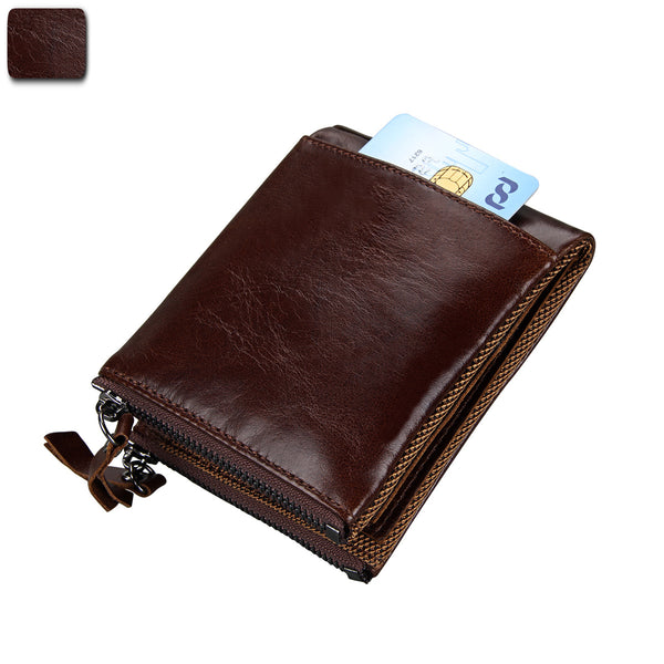 Men RFID Block Wallet Crazy Horse Leather Zipper Card Coin Pocket Bifold Wallet