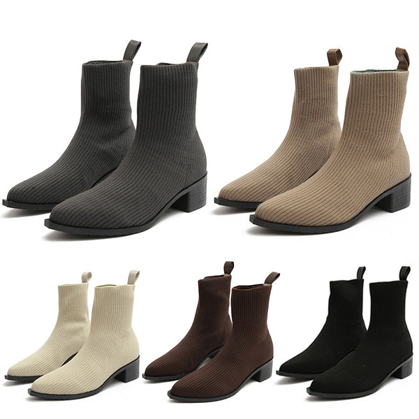 Womens Mid Calf Boots Pointed Toe Chunky Heel Booties Pull On Casual Shoes Sizes