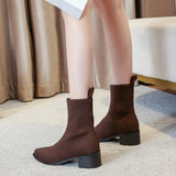 Womens Mid Calf Boots Pointed Toe Chunky Heel Booties Pull On Casual Shoes Sizes