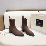 Womens Mid Calf Boots Pointed Toe Chunky Heel Booties Pull On Casual Shoes Sizes