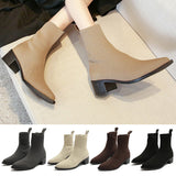 Womens Mid Calf Boots Pointed Toe Chunky Heel Booties Pull On Casual Shoes Sizes