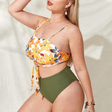 Women 2 Piece Tankini Swimming Suit with High Waist Boyshorts Plus Sizes Swimwear One Shoulder Beachwear Lace Up Bathing Suit