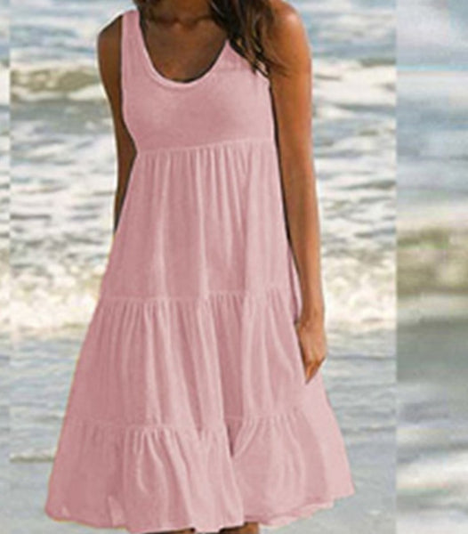 Womens Holiday Solid Smock Dress Ladies Summer Sleeveless Loose Mini Shirt Dress