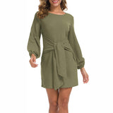 Women Solid Color Puff Sleeve Mini Dress Casual Loose Lace Up Pencil Tunic Dress