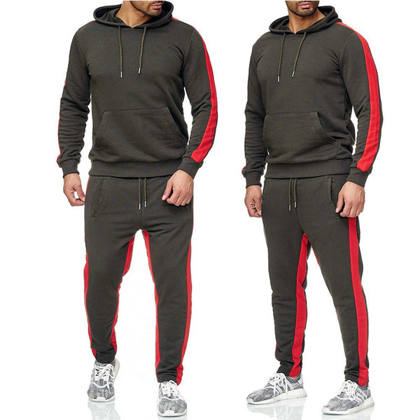 Men's Stitching Drawstring Tracksuit Hoodie Jogger Pant Side Pockets Casual Suit