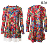 Women Floral Print Loose Lady Long Sleeve Mini Dress Round Neck Big Hem Dress