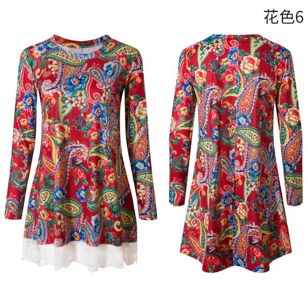 Women Floral Print Loose Lady Long Sleeve Mini Dress Round Neck Big Hem Dress