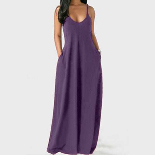 Women Plus Size Strappy Maxi Dress Casual Pockets Sleeveless Slip Dress Sundress