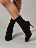 Womens Knitted Stretch Cloth Slip On Ankle Boots Pointed Toe Fashionable Kitten High Heels Boots