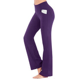 Women High Waist Stretch Yoga Pants Wide Leg Pocket Casual Flared Trousers Pants
