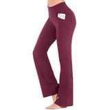 Women High Waist Stretch Yoga Pants Wide Leg Pocket Casual Flared Trousers Pants