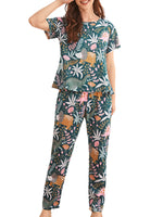 Womens Sleepwear Pant Set Cute Print Juniors Girl Short Sleeve Loungewear Pajamas Casual Loose 2 Piece Summer Outfits