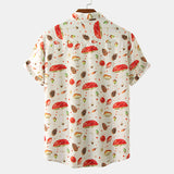 Mens Button Down Shirt Casual Loose Tops Summer Hawaiian Shirts Lapel Neck Short Sleeve T-shirt Mushroom Print Blouse