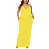 Women Solid Plus Size Sleeveless Maxi Dress V Neck Summer Spaghetti Straps Dress Double Side Pocket