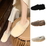 Womens Fluffy Plush Shoes Solid Color Slip On Casual Warm Round Toe Flat Slipper