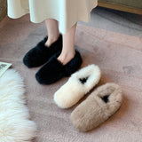 Womens Fluffy Plush Shoes Solid Color Slip On Casual Warm Round Toe Flat Slipper