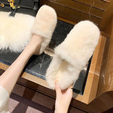 Womens Fluffy Plush Shoes Solid Color Slip On Casual Warm Round Toe Flat Slipper