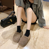 Womens Fluffy Plush Shoes Solid Color Slip On Casual Warm Round Toe Flat Slipper
