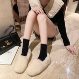 Womens Fluffy Plush Shoes Solid Color Slip On Casual Warm Round Toe Flat Slipper