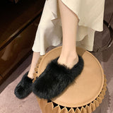 Womens Fluffy Plush Shoes Solid Color Slip On Casual Warm Round Toe Flat Slipper
