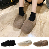 Womens Fluffy Plush Shoes Solid Color Slip On Casual Warm Round Toe Flat Slipper