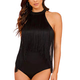 Womens Fringe Trim Sleeveless Bodycon Halter Bodysuit Top